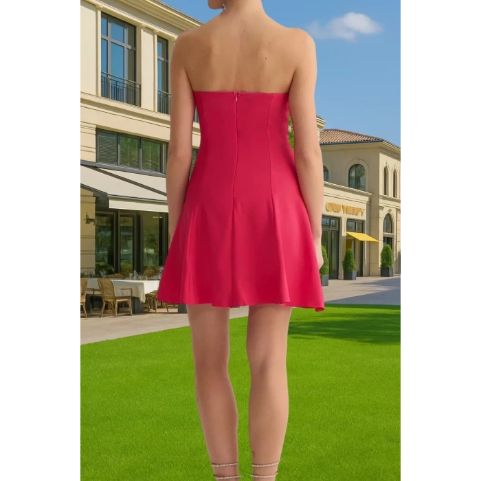 A Kesim Straplez Mini Dokuma Abiye Elbise Polyester Yazlık Kaliteli İşçilik Konforlu Kesim