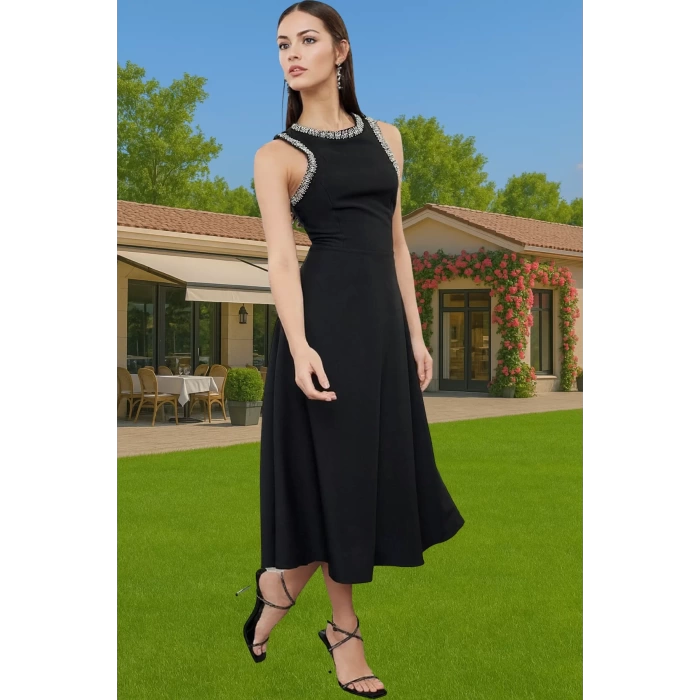 A Kesim Taş Detaylı Dokuma Midi Abiye Elbise Mükemmel Uyum Özenle Seçilmiş Modern Stil