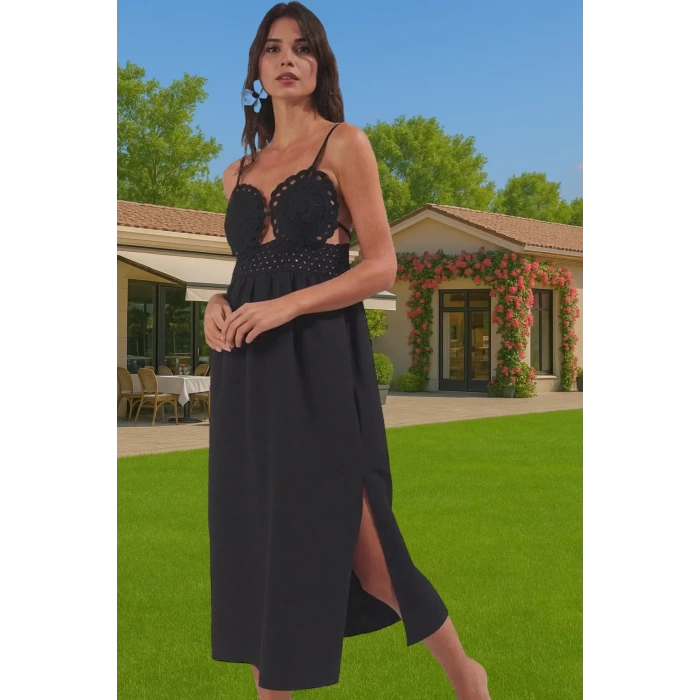 A Line Dantel Detaylı Pamuklu Poplin Midi Elbise Plaj ve Günlük Özenle Seçilmiş Premium Kalite