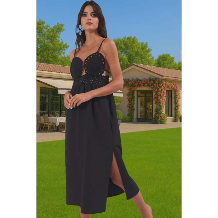 A Line Dantel Detaylı Pamuklu Poplin Midi Elbise Plaj ve Günlük Özenle Seçilmiş Premium Kalite