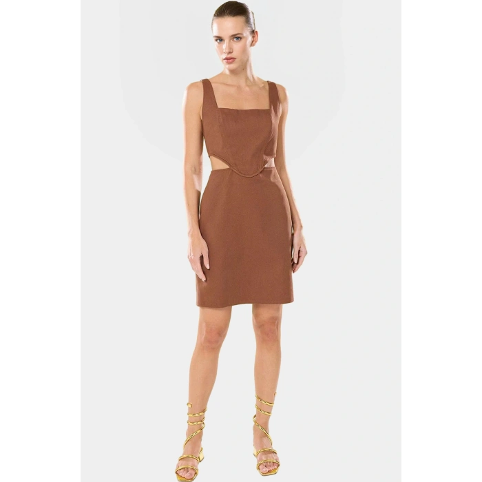 A Line Gabardin Mini Elbise Kolsuz Kare Yaka Cut Out Detay Pamuk Rahat Kullanım