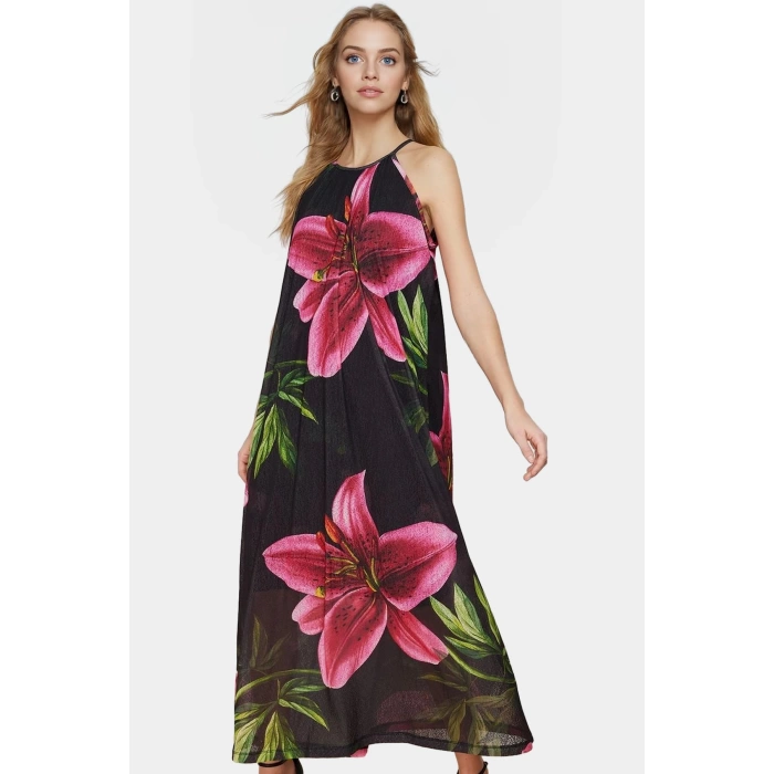 A line Halter Yaka Maxi Elbise Örme Çiçekli Polyester Yazlık Uzun Ömürlü Modern Stil