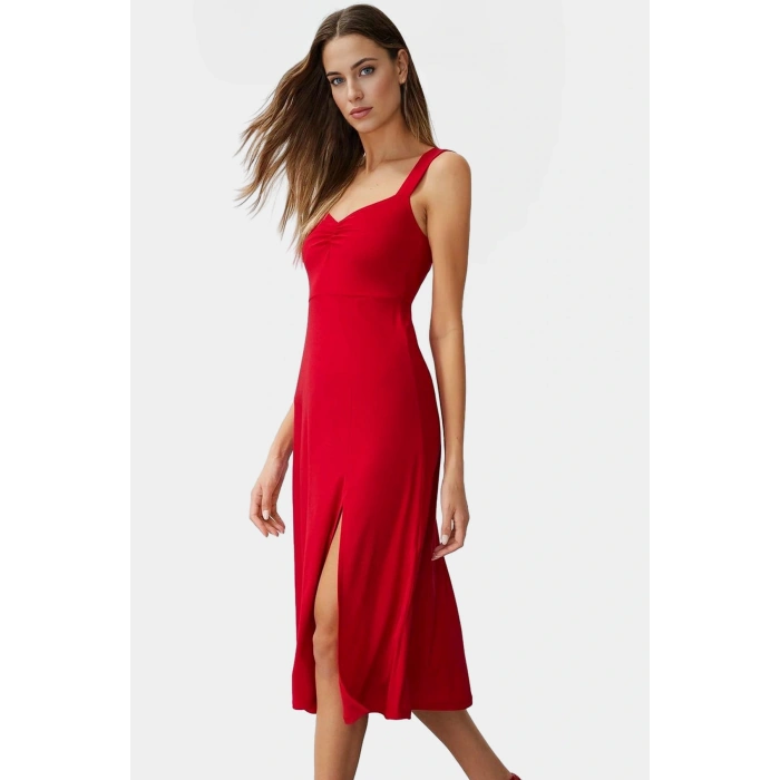 A line Kalp Yaka Midi Örme Elbise 96% Polyester Yazlık Günlük Kullanım İçin Zarifane Tasarım