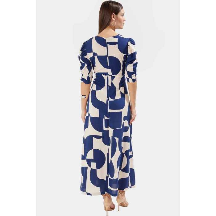 A Line Kesim Kısa Kollu Viskoz Desenli Midi Elbise Seçkin Malzeme Modern Stil