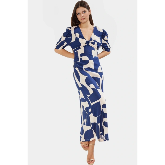 A Line Kesim Kısa Kollu Viskoz Desenli Midi Elbise Seçkin Malzeme Modern Stil