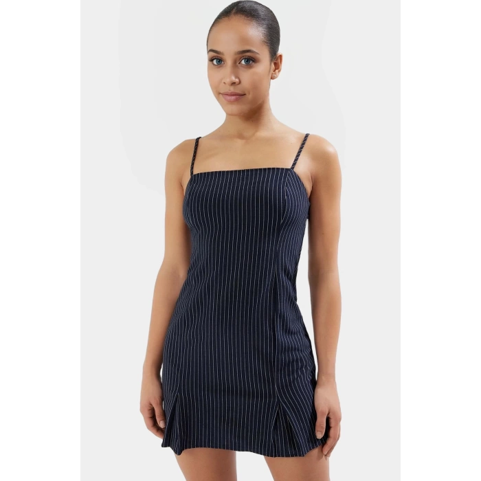 A Line Kolsuz Çizgili Mini Elbise Viskoz Dokuma Kumaştan Modern Stil Özenle Seçilmiş