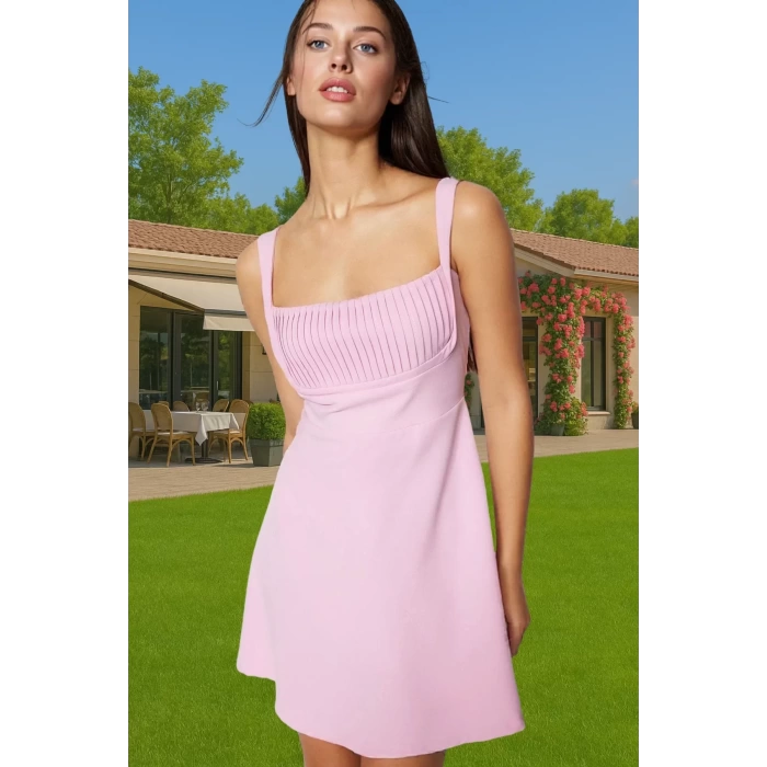 A Line Kolsuz Mini Elbise Polyester Elastan Yazlık Şık Abiye Trend Tasarım Yüksek Kalite Uzun Ömürlü
