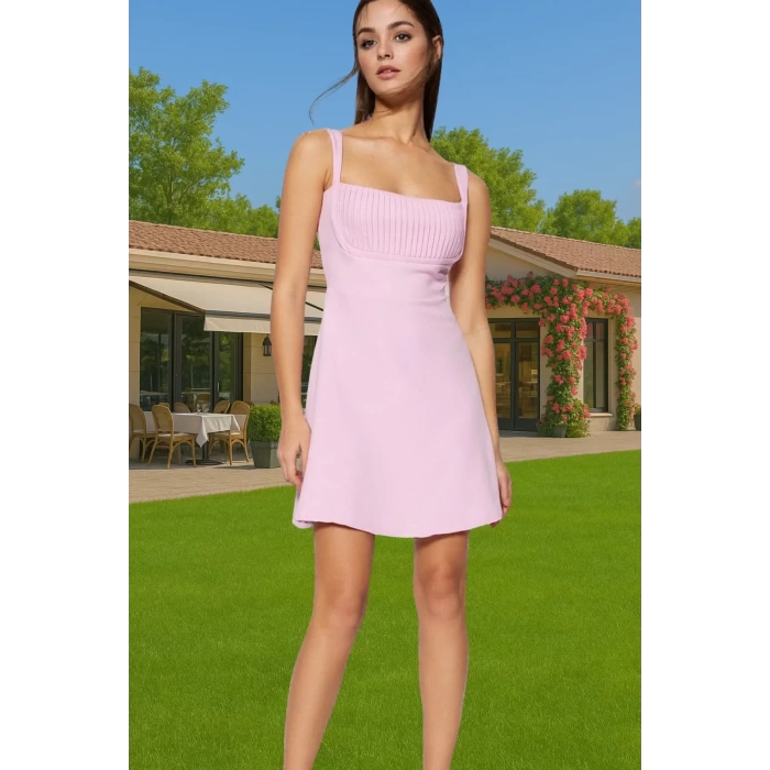 A Line Kolsuz Mini Elbise Polyester Elastan Yazlık Şık Abiye Trend Tasarım Yüksek Kalite Uzun Ömürlü