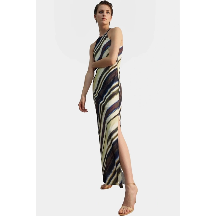 A line Maxi Elbise Halter Yaka Dokuma Polyester Yazlık Premium Kalite Profesyonel Görünüm