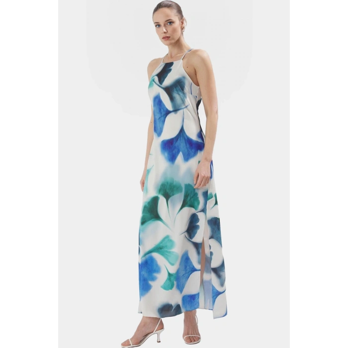 A line Maxi Elbise Halter Yaka Dokuma Polyester Yazlık Premium Kalite Profesyonel Görünüm