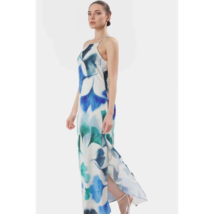 A line Maxi Elbise Halter Yaka Dokuma Polyester Yazlık Premium Kalite Profesyonel Görünüm