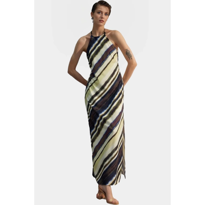 A line Maxi Elbise Halter Yaka Dokuma Polyester Yazlık Premium Kalite Profesyonel Görünüm