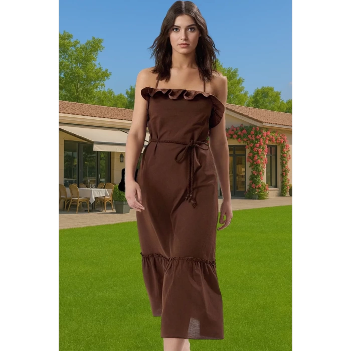 A line Maxi Pamuk Plaj Elbisesi Kare Yaka Volanlı Detaylı Yazlık Trend Tasarım Premium Kalite