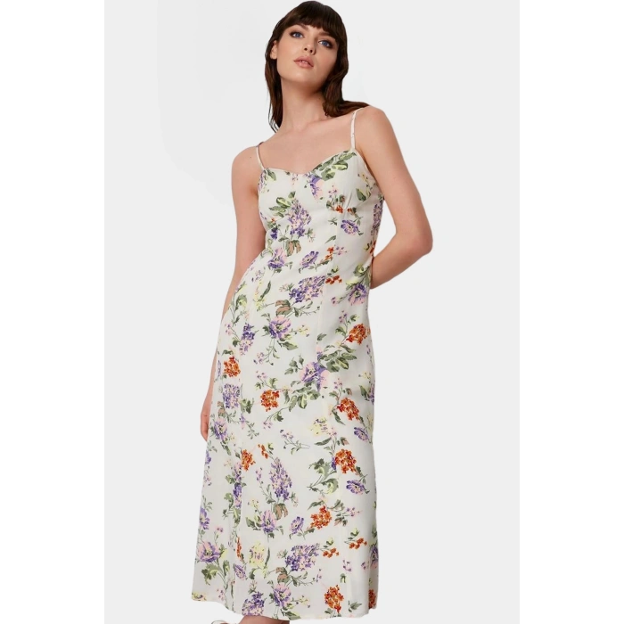 A line Midi Boy Kolsuz Çiçek Desenli Polyester Elbise Rahat Yazlık Profesyonel Görünüm