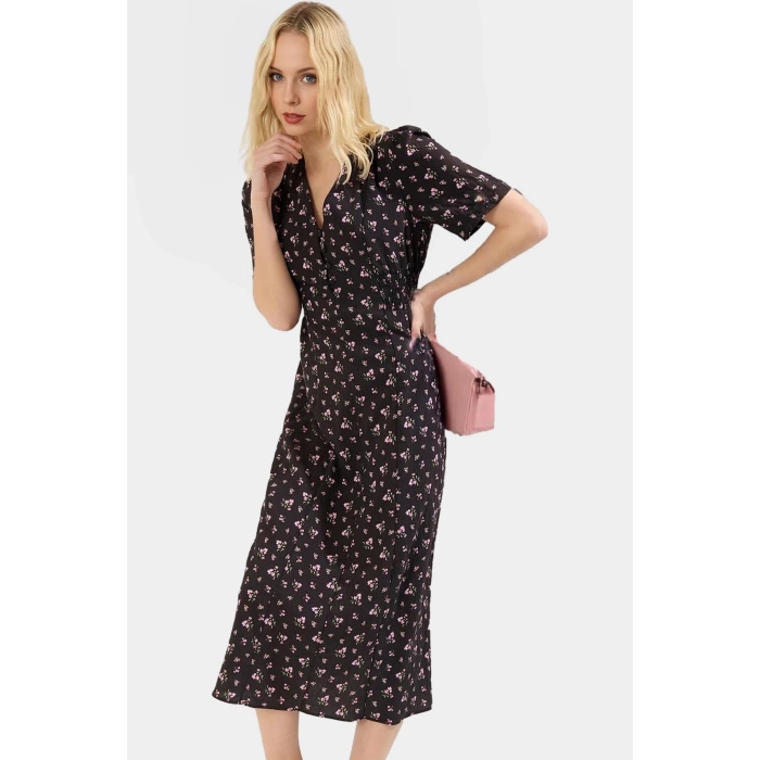 A line Midi Elbise Kısa Kollu Çiçekli Polyester Dokuma Rahat ve Şık Özel Tasarım