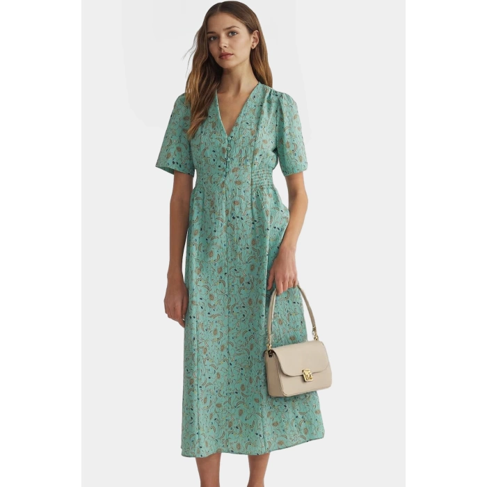 A line Midi Elbise Kısa Kollu Çiçekli Polyester Dokuma Rahat ve Şık Özel Tasarım