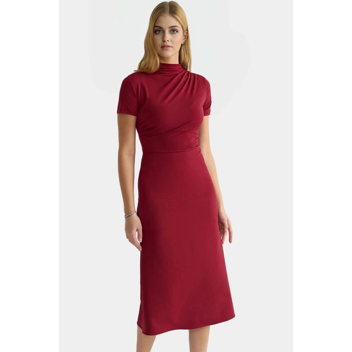 A line Midi Elbise Polyester Karışımlı Dokuma Kumaş Kemersiz Rahat Dayanıklı Malzeme