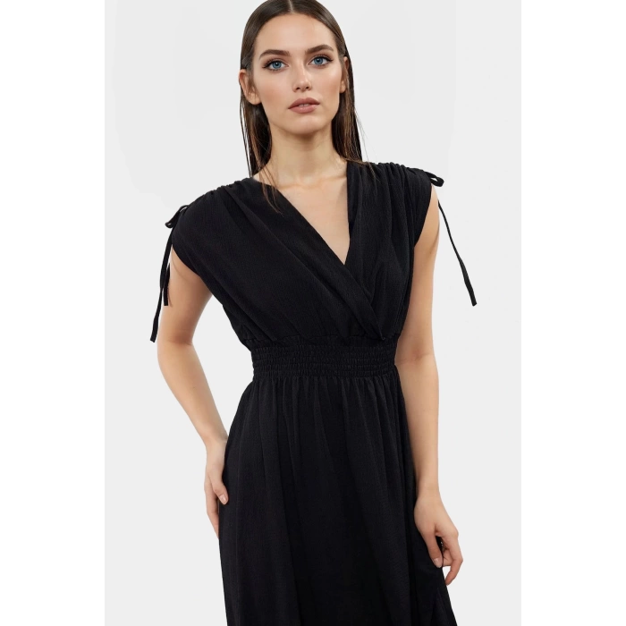 A line Midi Elbise Yazlık Örme Polyester Beli Lastikli Kruvaze Yüksek Kalite