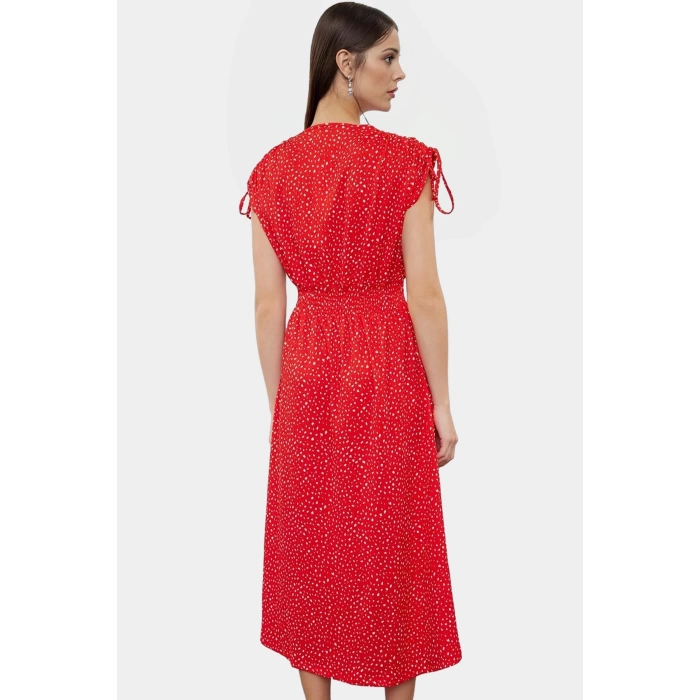 A line Midi Elbise Yazlık Örme Polyester Beli Lastikli Kruvaze Yüksek Kalite
