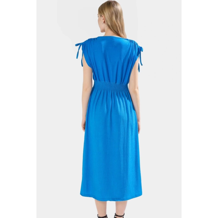 A line Midi Elbise Yazlık Örme Polyester Beli Lastikli Kruvaze Yüksek Kalite