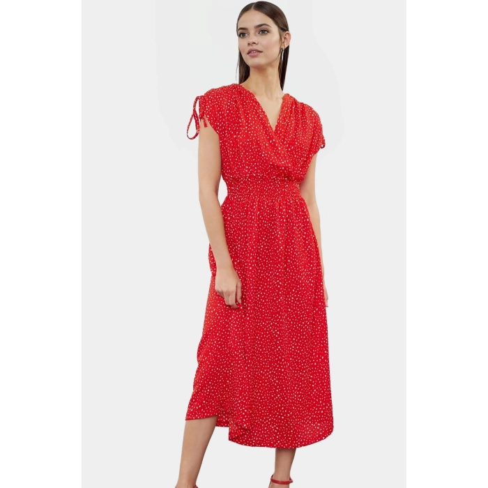 A line Midi Elbise Yazlık Örme Polyester Beli Lastikli Kruvaze Yüksek Kalite