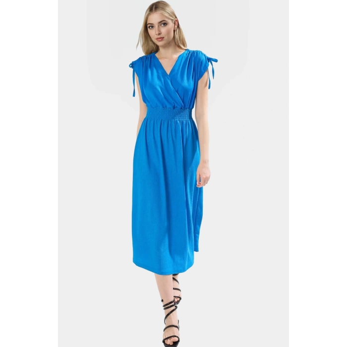 A line Midi Elbise Yazlık Örme Polyester Beli Lastikli Kruvaze Yüksek Kalite