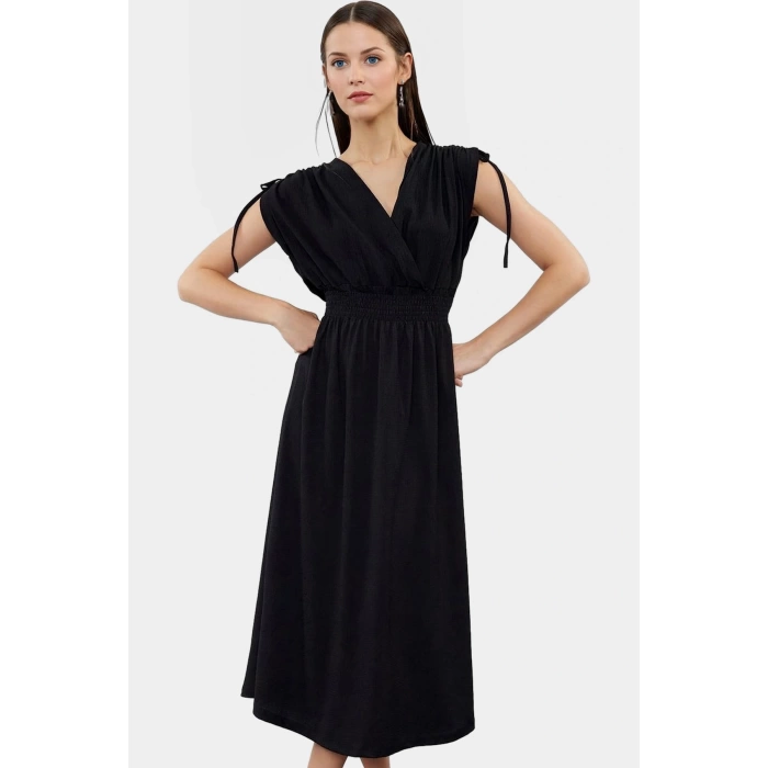 A line Midi Elbise Yazlık Örme Polyester Beli Lastikli Kruvaze Yüksek Kalite