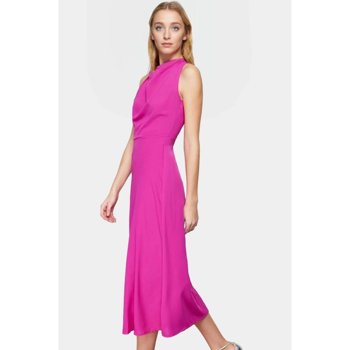 A Line Polyester Midi Elbise Degaje Yaka Krep Dokuma Astarlı Premium Kalite Modern Stil