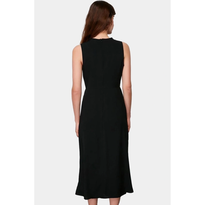 A Line Polyester Midi Elbise Degaje Yaka Krep Dokuma Astarlı Premium Kalite Modern Stil