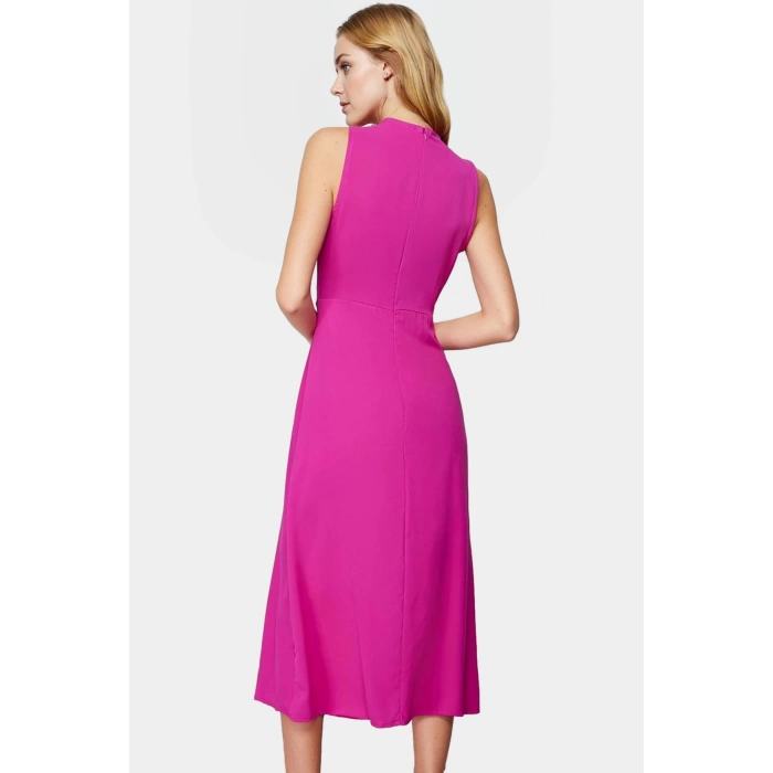A Line Polyester Midi Elbise Degaje Yaka Krep Dokuma Astarlı Premium Kalite Modern Stil