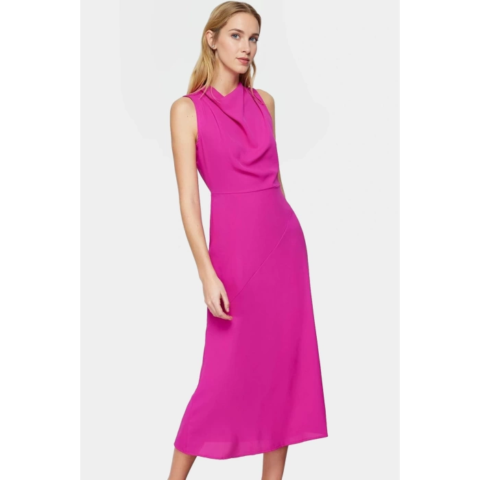 A Line Polyester Midi Elbise Degaje Yaka Krep Dokuma Astarlı Premium Kalite Modern Stil