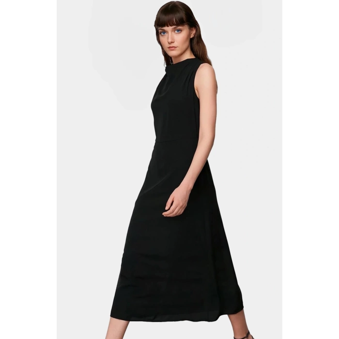 A Line Polyester Midi Elbise Degaje Yaka Krep Dokuma Astarlı Premium Kalite Modern Stil