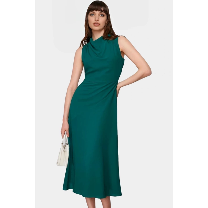 A Line Polyester Midi Elbise Degaje Yaka Krep Dokuma Astarlı Premium Kalite Modern Stil