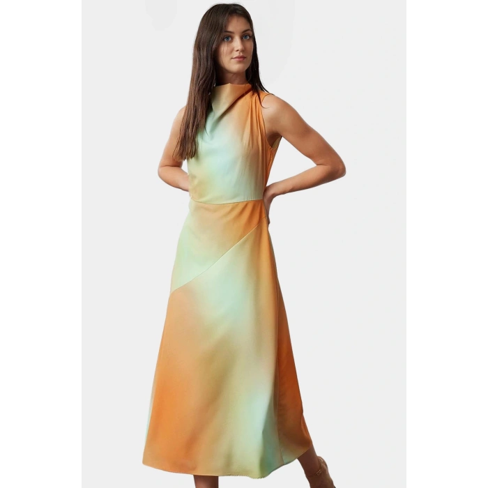 A Line Polyester Midi Elbise Degaje Yaka Krep Dokuma Astarlı Premium Kalite Modern Stil
