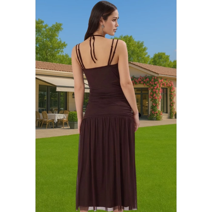 A Line V Yaka Tül Midi Abiye Elbise Örme Kumaş Yazlık Mezuniyet Trend Tasarım Zarifane Tasarım