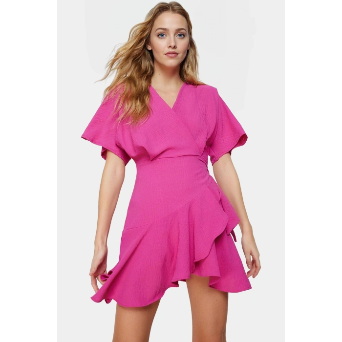 Aerobin Dokuma Mini Elbise Kruvaze Kesim V Yaka Kısa Kollu Trend Tasarım Modern Stil