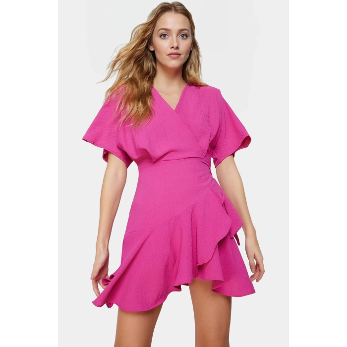Aerobin Dokuma Mini Elbise Kruvaze Kesim V Yaka Kısa Kollu Trend Tasarım Modern Stil