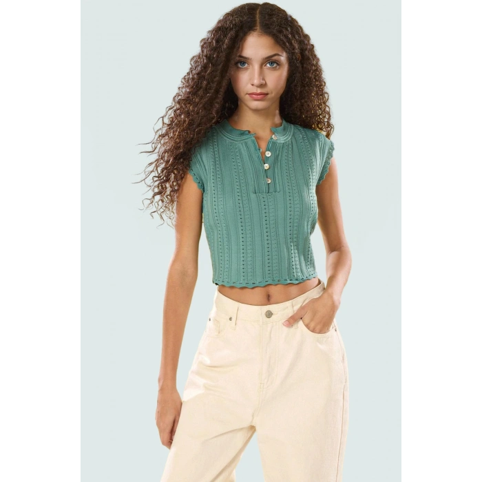 Ajurlu Crop Bluz Triko İnce Yazlık Günlük Şık Özenle Seçilmiş Konforlu Kesim