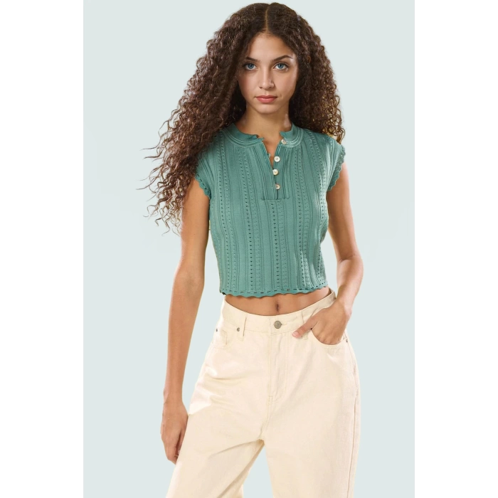 Ajurlu Crop Bluz Triko İnce Yazlık Günlük Şık Özenle Seçilmiş Konforlu Kesim