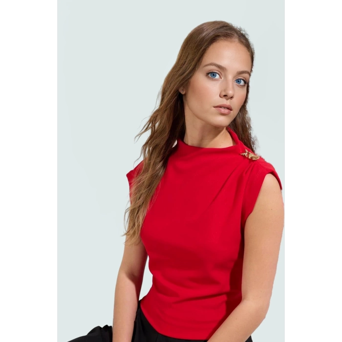 Aksesuar Detaylı Örme Bluz Fitted Kalıp Kısa Kol Casual Uzun Ömürlü Rahat Kullanım