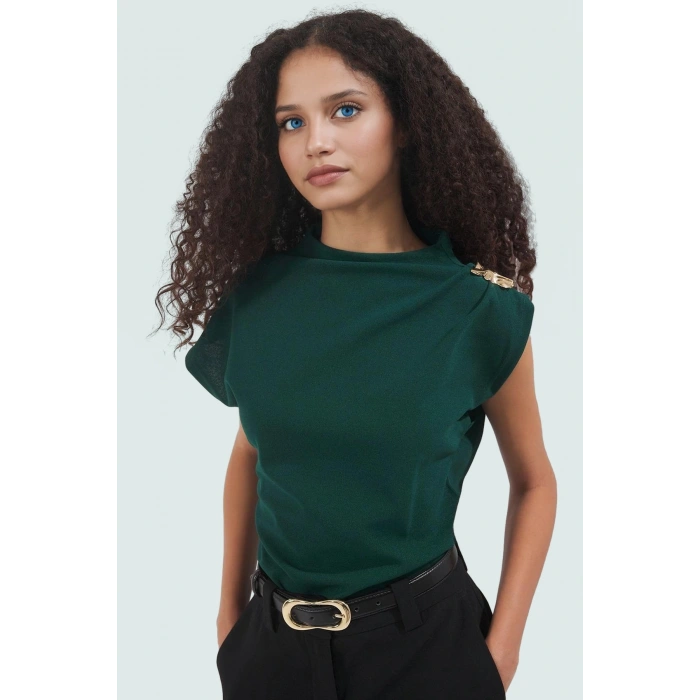 Aksesuar Detaylı Örme Bluz Fitted Kalıp Kısa Kol Casual Uzun Ömürlü Rahat Kullanım