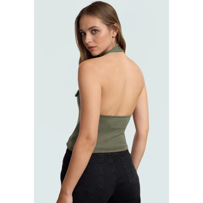 Aksesuar Detaylı Örme Crop Bluz %96 Viskoz %4 Elastan Yazlık Günlük Özenle Seçilmiş