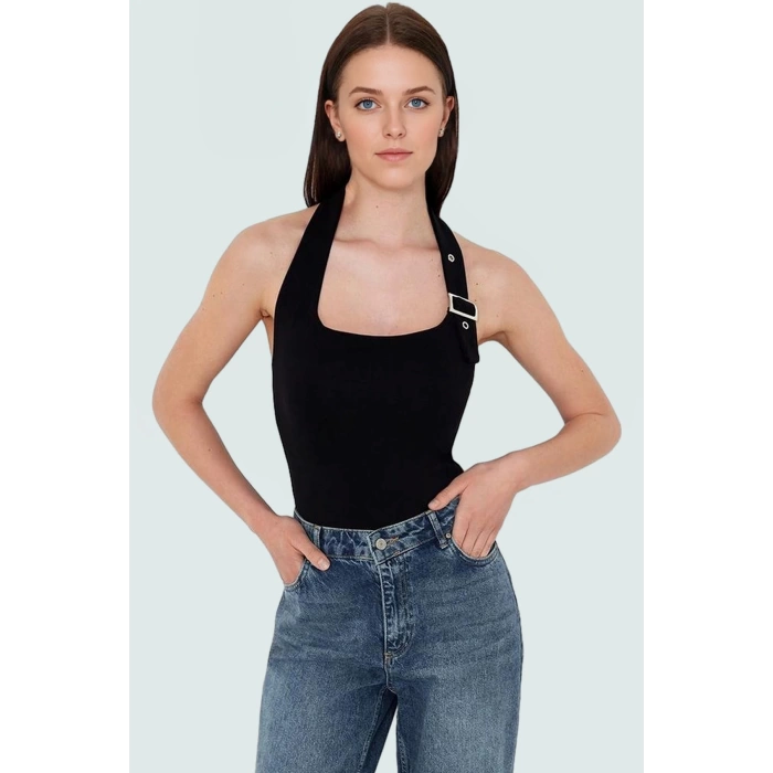 Aksesuar Detaylı Örme Crop Bluz %96 Viskoz %4 Elastan Yazlık Günlük Özenle Seçilmiş
