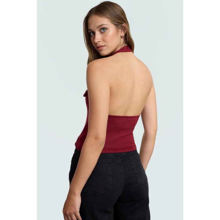 Aksesuar Detaylı Örme Crop Bluz %96 Viskoz %4 Elastan Yazlık Günlük Özenle Seçilmiş