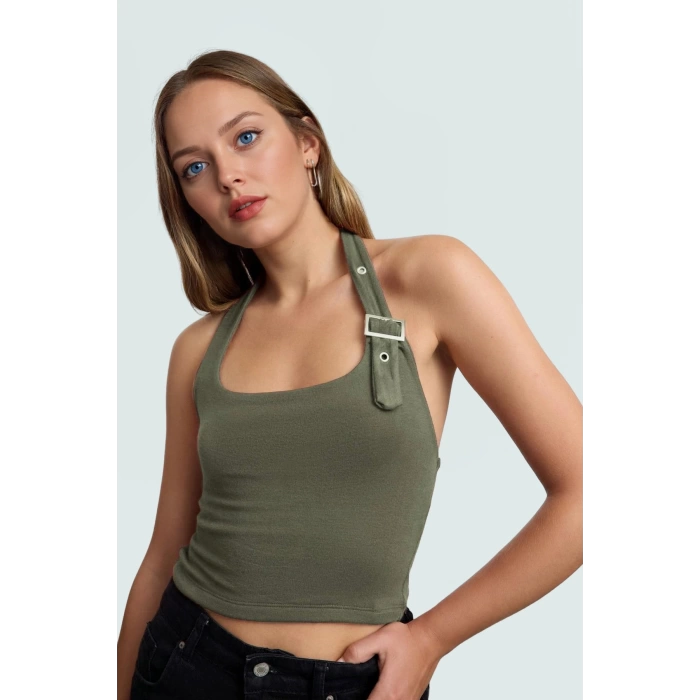 Aksesuar Detaylı Örme Crop Bluz %96 Viskoz %4 Elastan Yazlık Günlük Özenle Seçilmiş