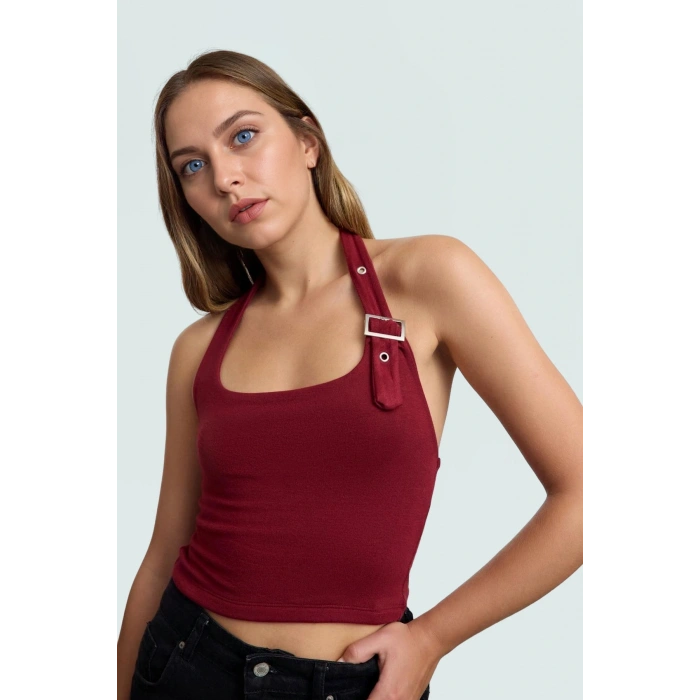 Aksesuar Detaylı Örme Crop Bluz %96 Viskoz %4 Elastan Yazlık Günlük Özenle Seçilmiş