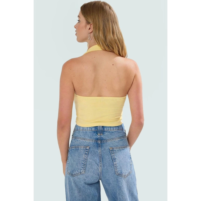 Aksesuar Detaylı Örme Crop Bluz %96 Viskoz %4 Elastan Yazlık Günlük Özenle Seçilmiş