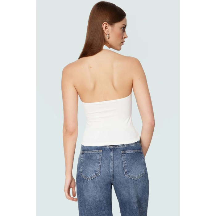 Aksesuar Detaylı Örme Crop Bluz %96 Viskoz %4 Elastan Yazlık Günlük Özenle Seçilmiş