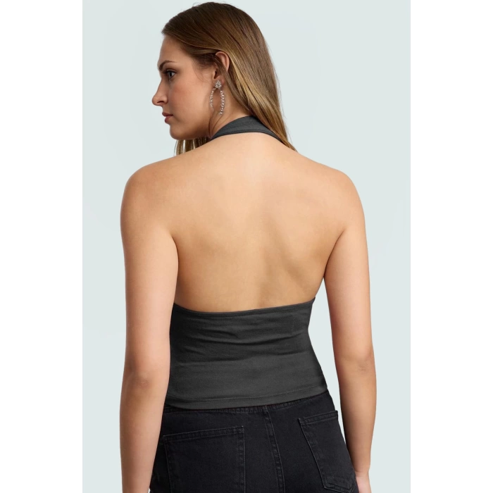 Aksesuar Detaylı Örme Crop Bluz %96 Viskoz %4 Elastan Yazlık Günlük Özenle Seçilmiş