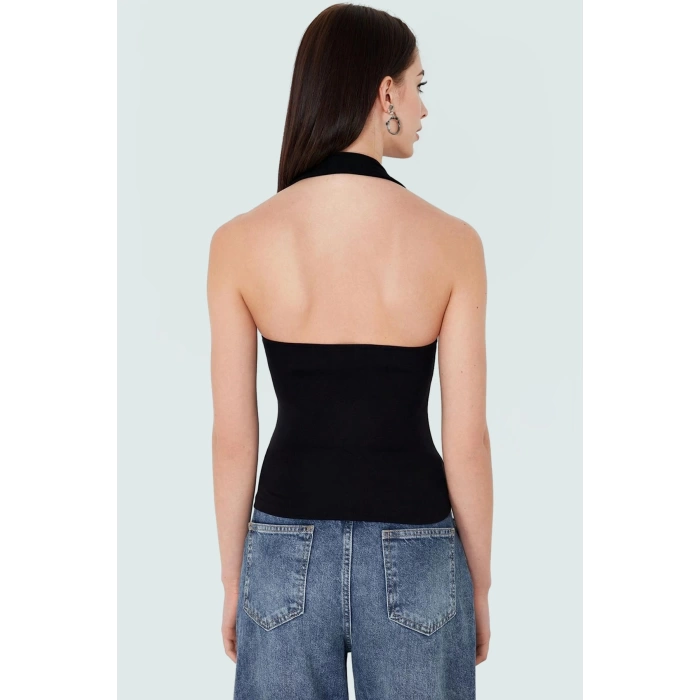 Aksesuar Detaylı Örme Crop Bluz %96 Viskoz %4 Elastan Yazlık Günlük Özenle Seçilmiş